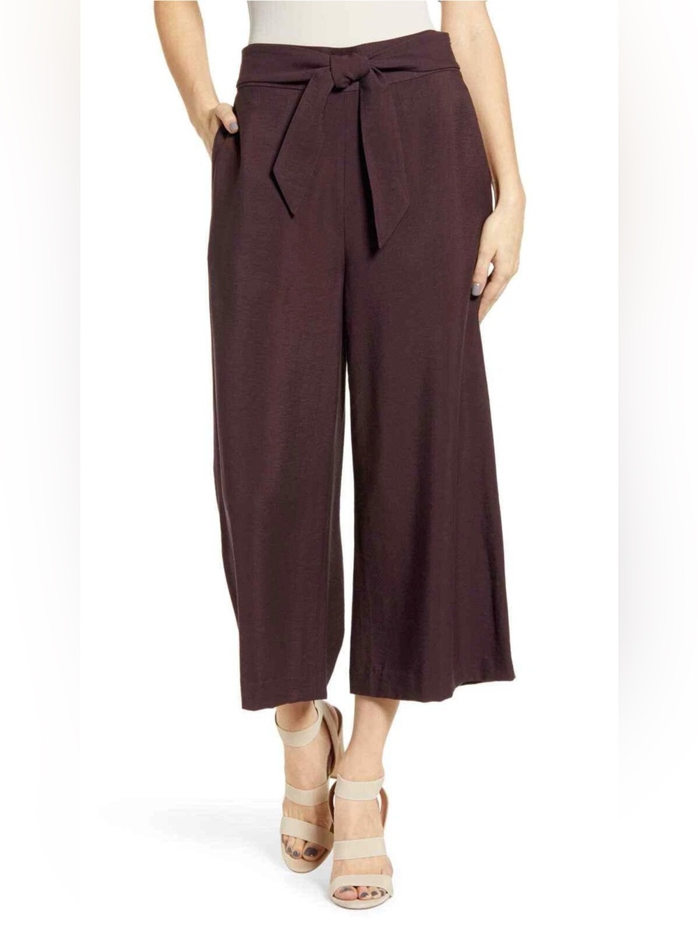 Leith XS High-Waist Tie-Front Wide-Leg Culottes - Plum